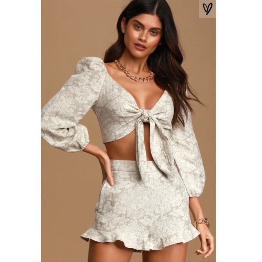 Elaine Beige Jacquard Ruffled Shorts